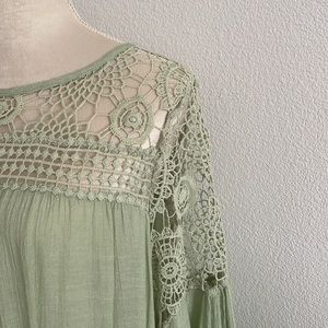 Bohemian style pale green crochet accents blouse